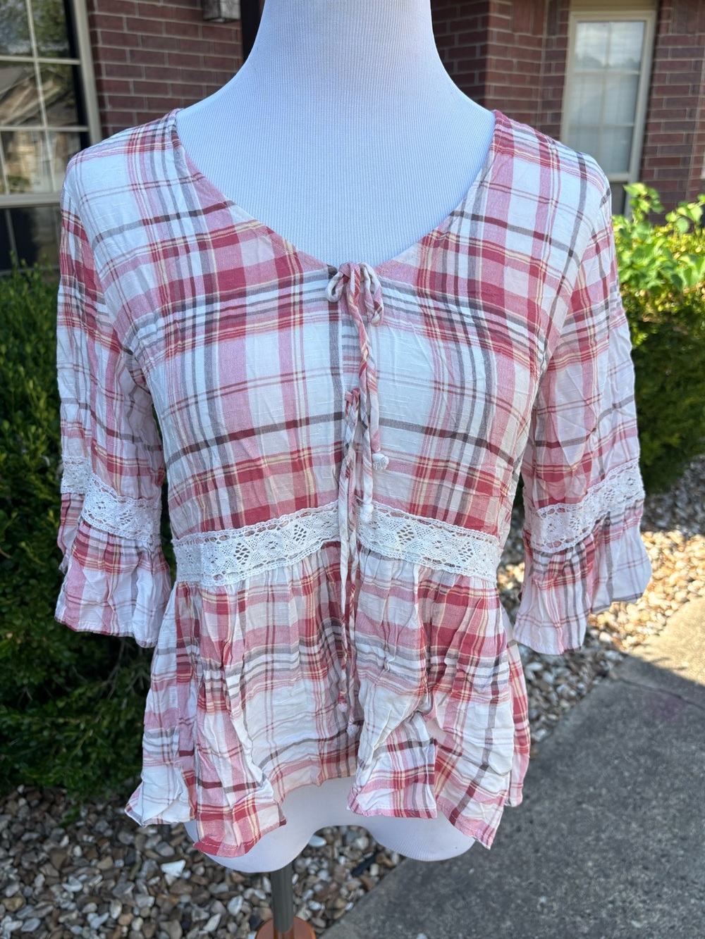 Maurices Pink and White Plaid Lace-Trim Peasant Top